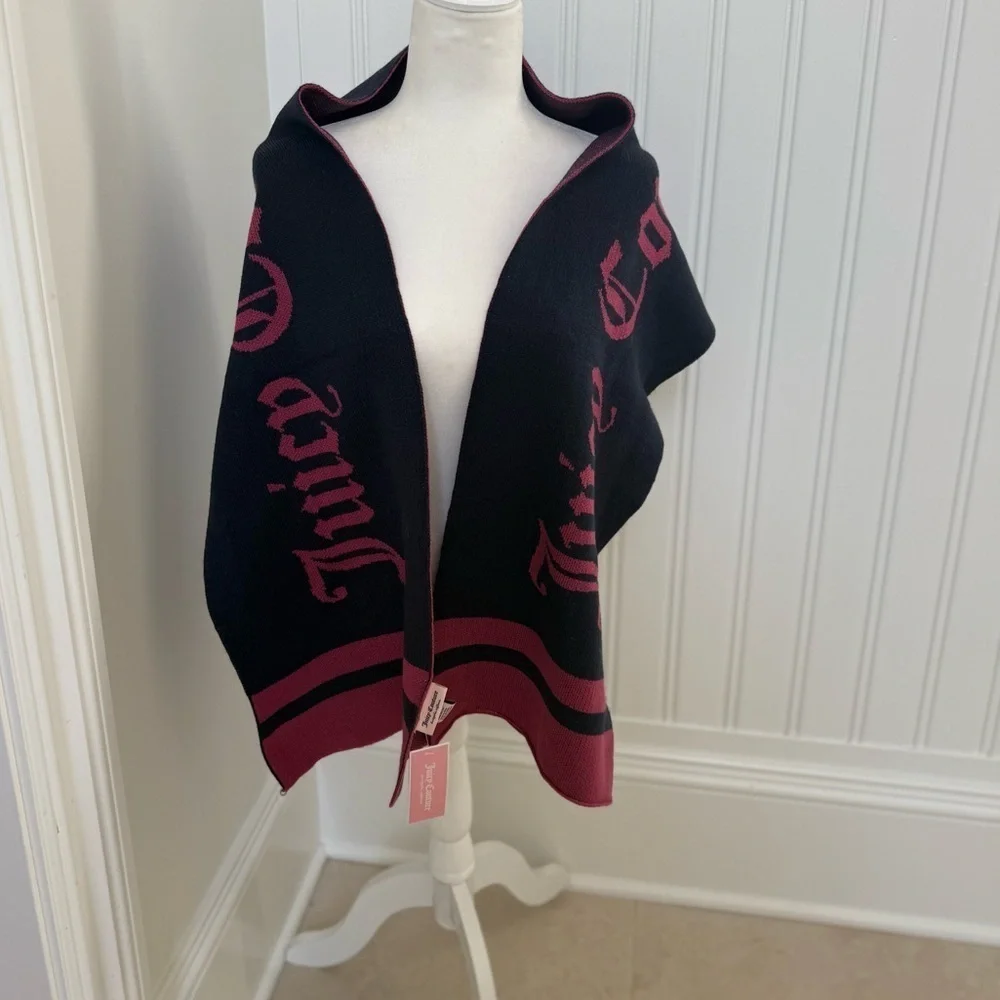 Juicy Couture Black & Burgundy Logo Knit Scarf NWT